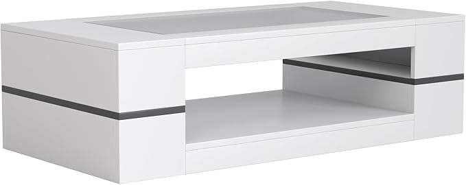 HedoAjim 47.2" Modern Stylish Coffee Table with Glass Table Top, Large Living Room Table Rectangular 2-Tier Center Tables with Storage, Wooden Tea Tables for Dining Reception Room, White