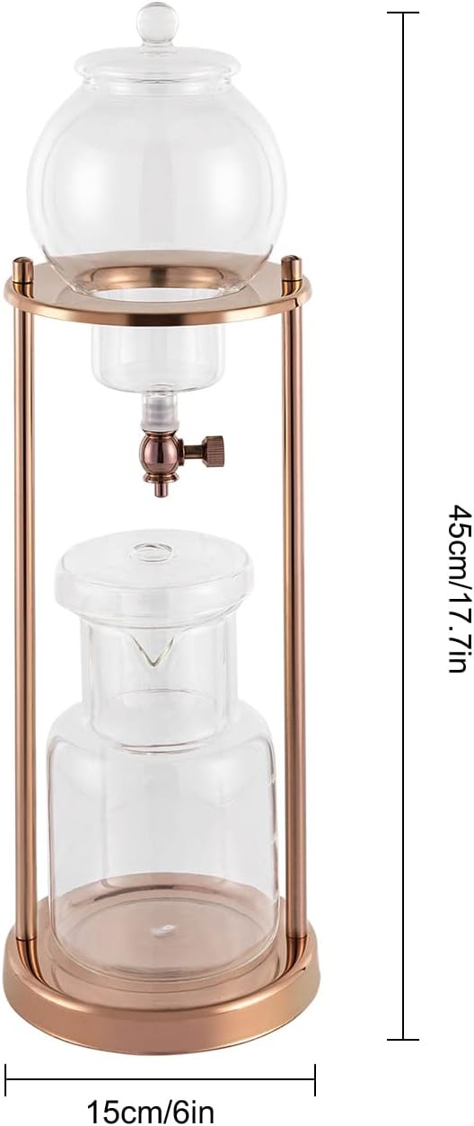Iced Coffee Cold Brew Drip Tower Coffee Maker, Wooden Ice Coffee Machine, Stainless Steel and Borosilicate Glass, Long Neck Sharing Pot, with Measuring Spoon (Gold)