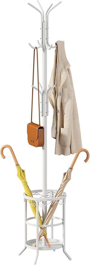 Coat Rack with Umbrella Holder, White Metal Coat Rack Stand with 12 Hooks, for Entryway, Hallway, Living Room, Bedroom