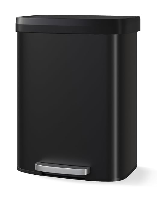 Garvee 16 gal / 60 L Metal Trash Can with Lid, Large Garbage Can for Kitchen, Rustproof Step-on Kitchen Metal Trash Bin with Liner Rim, Rear Handle, Soft Close Plastic Lid, Black