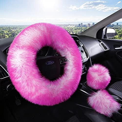 15inches Universal Leather Car Steering Wheel Cover Car Accessories Colorful Fuzzy Steering Wheel Cover Gear Shift Cover Handbrake Cover (Rose-red)