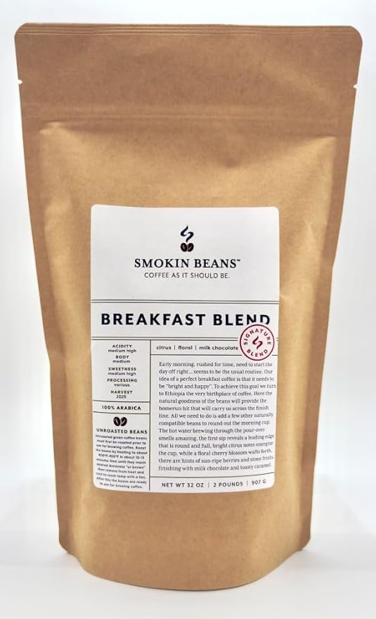 2-Pound Breakfast Blend, Unroasted Green Arabica Coffee Beans, Fresh Current Crop Specialty Grade, Roast the Beans Yourself at Home on Your Roasting Equipment Prior to Using for Brewing Coffee