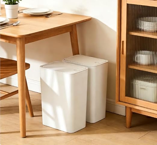 Compact Push-in Trash Can with Lid for Bathrooms, Kitchens, Living Rooms, Offices, Etc., Trash Can with Pop-Up Lid, 10 Liter/2.6 Gallon Slimline (White，2 Pieces)