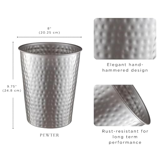Monarch Abode Metal Bathroom Trash Can – Waste Basket for Bedroom, Office Desk, & Dorm, Hand Hammered, Durable Decorative Pewter Small Trash Can Bathroom Garbage Bin Wastebasket