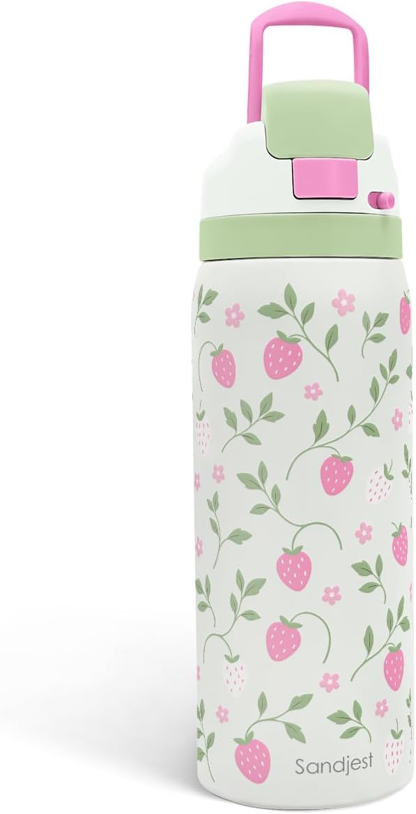 Strawberry Stainless Steel Water Bottle, Vacuum Insulated, Push-Button Lid, 32 oz, Gifts for Women Girls Friends Teens Birthday Christmas