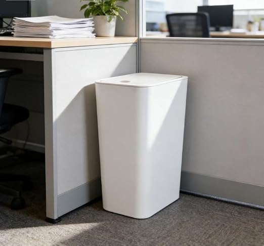 Compact Push-in Trash Can with Lid for Bathrooms, Kitchens, Living Rooms, Offices, Etc., Trash Can with Pop-Up Lid, 10 Liter/2.6 Gallon Slimline (White，2 Pieces)