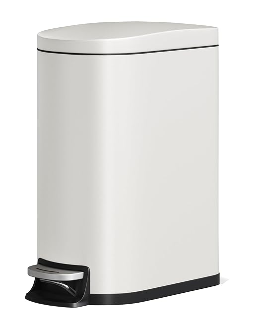 Garvee 13 gal / 50 L Metal Kitchen Trash Can with Lid, Slim Rustproof Garbage Can, Large Step-on Trash Bin with Inner Bucket, Rear Handle, Soft Close Lid, White