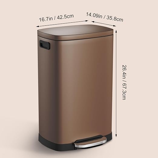 ELPHECO LPHECO Kitchen Trash Can with Lid Soft Close, 13 Gallon / 50L Stainless Steel Pedal Garbage Can, Heavy-Duty Step Wastebasket with 20 Bags, Removable Bucket, Home Office, Kitchen, Brown
