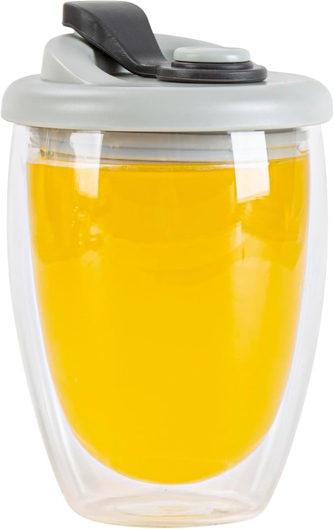 Restaurantware Glass Travel Mug 1 Count 12 Ounce Double Wall Borosilicate Reusable Coffee Cup, Spill-Resistant Gray Silicone Lid, Clear Drinkware Mug for Hot and Cold Beverages