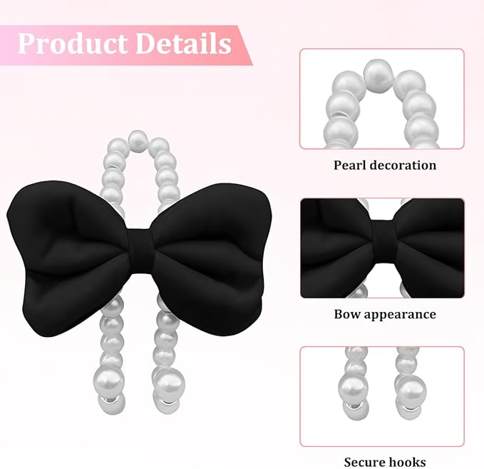 Car Seat Headrest Hook, 2PCS Elegant Bow Pearl Cute Vehicle Back Seat Hanger Hook, Automotive Headrest Storage Organizer for Handbag Purse Coat, Universal for SUV RV Truck (Black)
