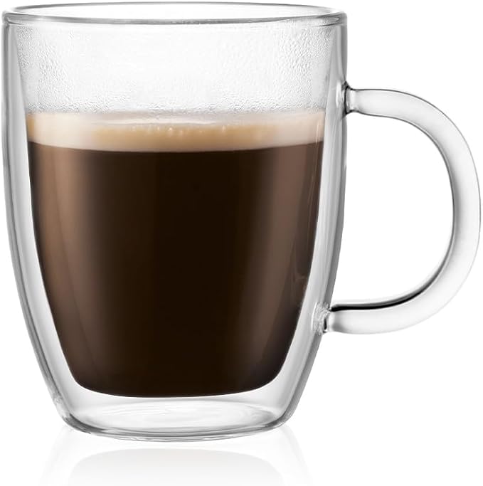 Bodum 10oz Bistro Double Wall Insulated Mug, High-Heat Borosilicate Glass, Set of 2, Clear