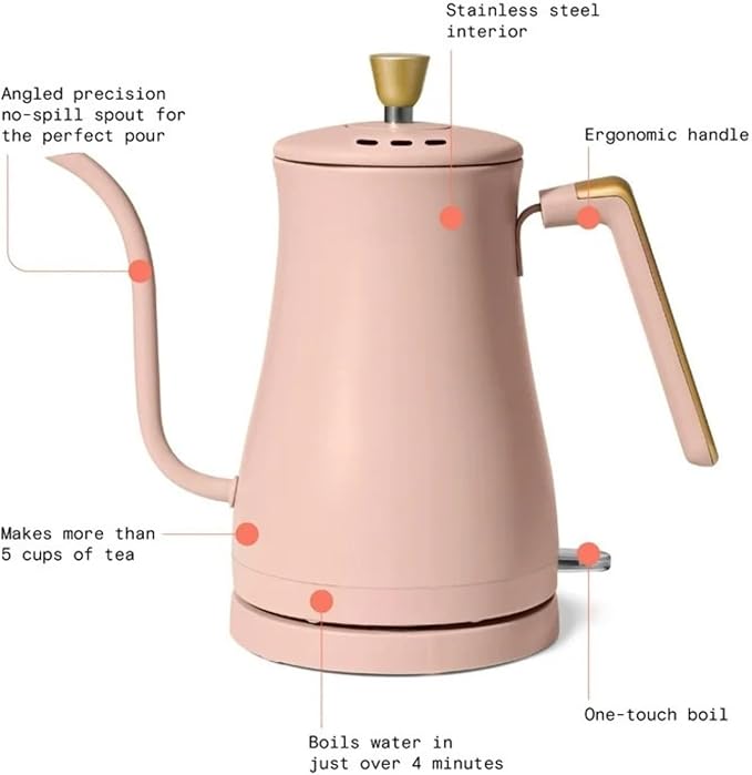 Electric Gooseneck Kettle 1 Liter 1200W, Stainless Steel, Pour Over Coffee Tea, Auto Shut-Off, 360° Cordless Power Base (Rose)