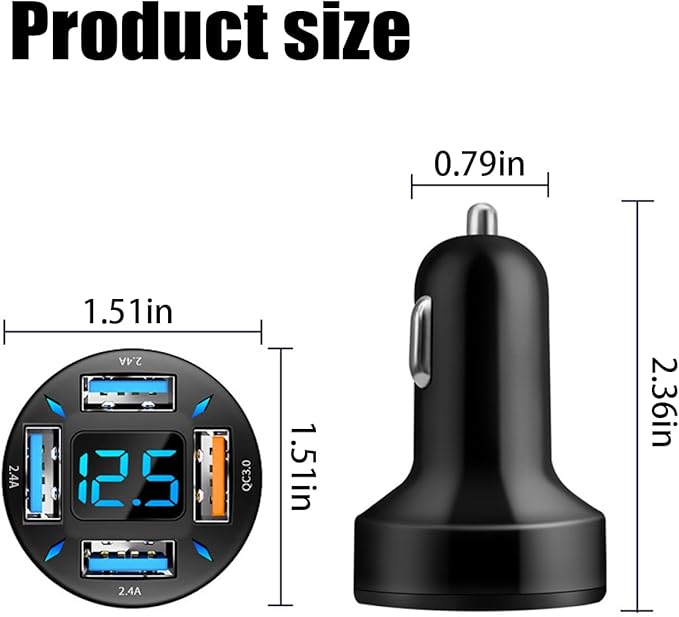 4 Ports USB Car Charger, 66W Super Fast Charging with QC 3.0, PD 20W and USB 2.4A Charger Adapter, Quick Charge with LED Voltmeter, Auto Cigarette Lighter Plug (QC3.0, 2PCS)