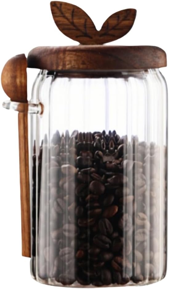 ANSQU Glass Jar with Wooden Lid and Spoon, Food Storage Containers Coffee Jar Coffee Grounds Container, 27oz Coffee Canister holds up to 8.5oz of Coffee Beans