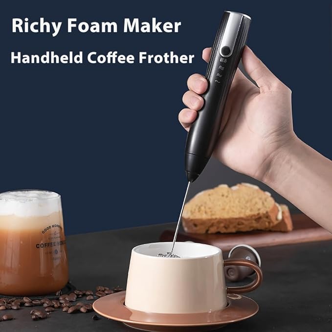 Rechargeable Milk Frother Handheld with Stand, Coffee Foam Frother Wand, Detachable Stainless Steel Whisk Drink Mixer for Coffee, Cappuccino, Lattes, Frappe, Matcha,Egg and Hot Chocolate, (Black)