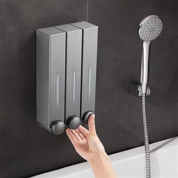 Wall Mounted 3-Chamber Soap Dispenser for Shower Gel, Shampoo & Conditioner – Leak-Proof ABS Pump Bottle with Transparent Level, Punch-Free Installation(White Double)