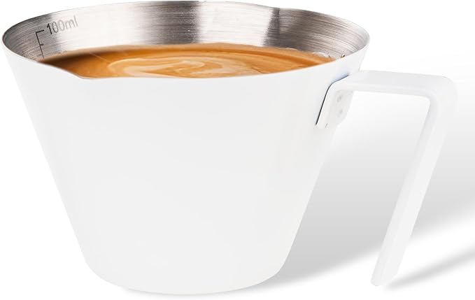 YARRAMATE Stainless Steel Espresso Shot Cup, Double Spout Metal Espresso Measuring Cup with V-Shaped Mouth, Espresso Accessories, 3.4OZ/100ML (White)