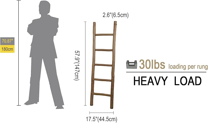 Wooden Blanket Ladder Natural & Motley Wood - Leaning Wall Decor for Bedroom, Bathroom, Living Room - Rustic Quilt Holder & Towel Rack (Natural Wood Brown, 57in | Fully Assembled)