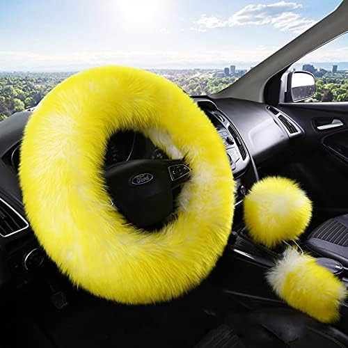 15inches Universal Leather Car Steering Wheel Cover Car Accessories Colorful Fuzzy Steering Wheel Cover Gear Shift Cover Handbrake Cover (Yellow)