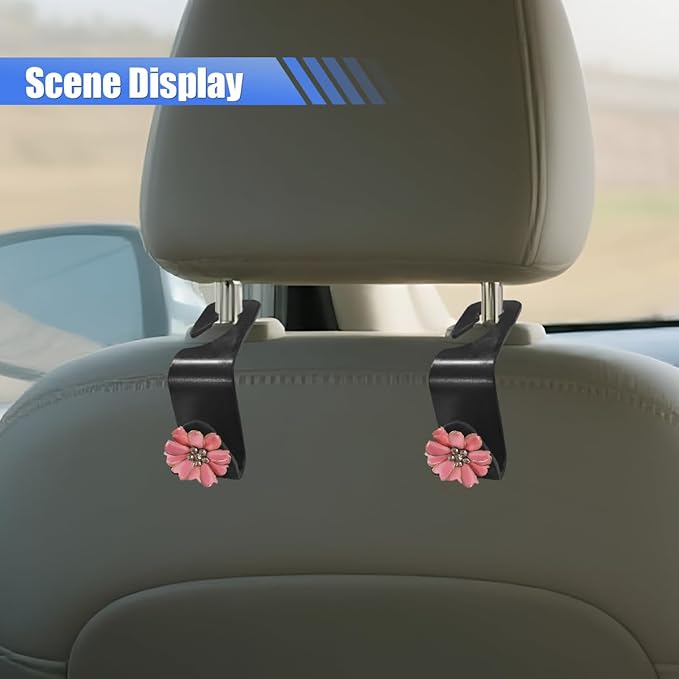 Craedli 2PCS Bling Flower Car Seat Headrest Hook, Cute Rhinestones Car Mini Hook Auto Back Seat Hanger Organizer, Portable Vehicle Interior Bag & Purse Storage Holder for SUV, Sedan, Truck (Pink)