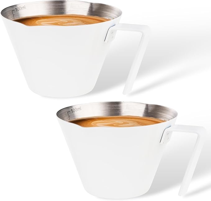 YARRAMATE 2Pcs Stainless Steel Espresso Shot Cup, Double Spout Metal Espresso Measuring Cup with V-Shaped Mouth, Espresso Accessories, 3.4OZ/100ML (White)