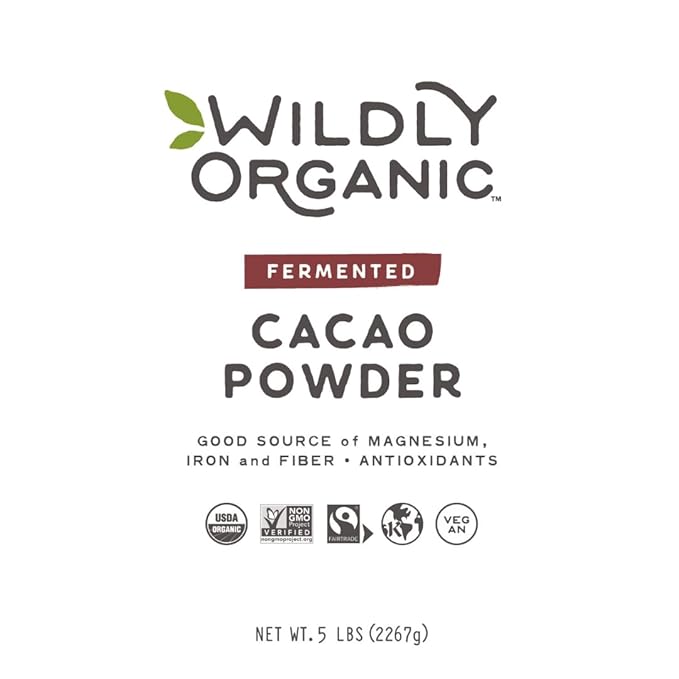 Wildly Organic Fermented Cacao Powder 80 Oz, 5 lb Bag - Organic, Non-Alkalized, Minimally Processed, High in Antioxidants, Raw, Fair Trade, Non-GMO, Kosher, Vegan, Premium Rich Chocolate Flavor - Perfect for Skin, Smoothies, Yogurt, Oatmeal, Chocolate,...