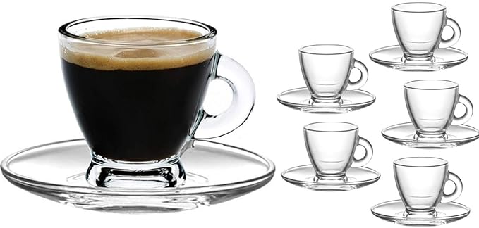 BOHEM'S Espresso Cups, 3.2 oz Small Demitasse Clear Glass Espresso Drinkware, Set Of 6, Cups and Saucers, Espresso Shot Glasses, Clear Expresso Coffee Cups, Tazas de Cafe Expreso