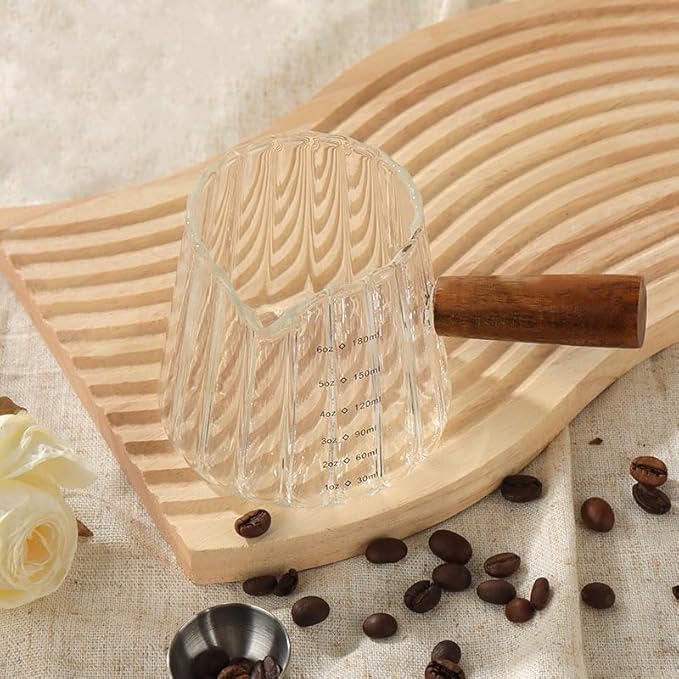 Wooden Handle Coffee Cup with Scale, Espresso Accessories Double Scale Glass Measuring Cup Milk Frother Glass Cup V-Shaped Espresso Cup