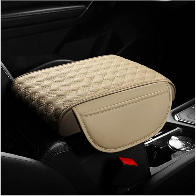 Car Center Console Cover, 12.6"×8.7" Waterproof Leather Auto Armrest Box Protector Elbow Pillow with Storage Pocket, Comfortable Memory Foam Arm Rest Box Cushion Pad, Car Accessories (Beige)