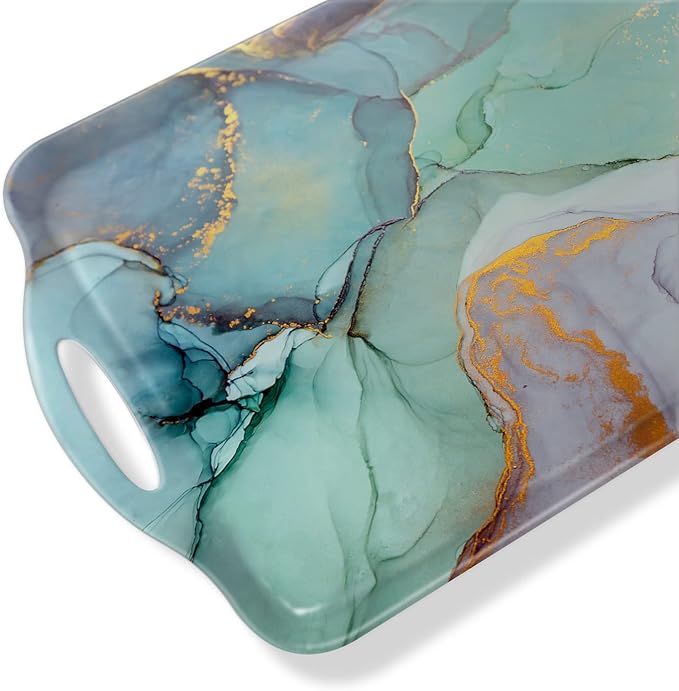 Serving Tray Decorative Tray with Handles Multi-Purpose Rectangular Serving Trays for Restaurant, Parties, Coffee Table, Kitchen - Teal Marble Pattern