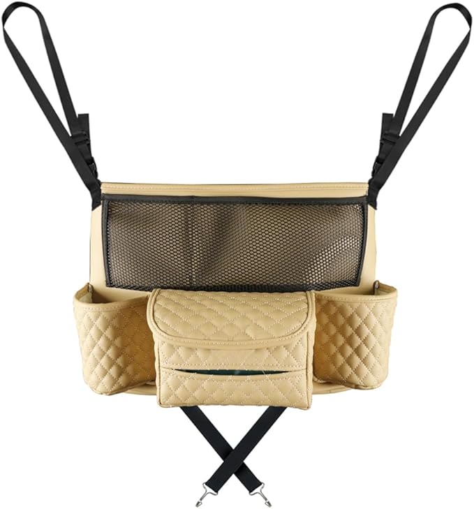 Car Handbag Holder Between Seats Car Organizer, Leather Large Capacity Car Purse Holder for Front Seat, Seat Back Net Bag Double-sided Tissue Storage Handbag Holder Car Accessories (Beige)