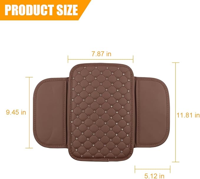 Bling Car Center Console Cover, Leather Crystal Rhinestone Vehicle Armrest Cushion Pad with Side Storage Bags, Scratch Resistant Auto Middle Console Protection Mat, Universal Fit (Coffee)