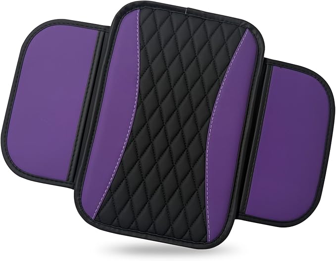 Car Center Console Cover, Upgraded Patchwork Leather Arm Rest Cover with Side Storage Pockets, Comfortable Auto Armrest Protector Cushion, Universal Middle Console Pad for SUV, Sedan (Purple)