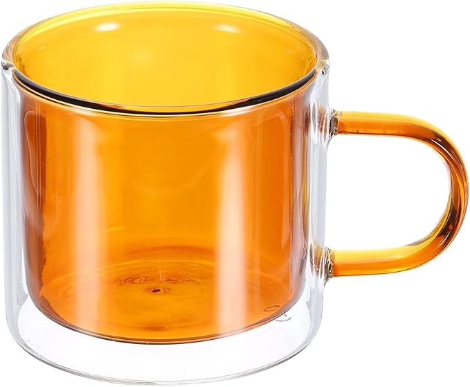 uxcell 8.4 oz Double Wall Glass Coffee Mugs, Glass Tea Cup with Widened Handles for Espresso Coffee, Cappuccino, Tea Bag, Latte, Hot Cold Beverages, Juice, Brown