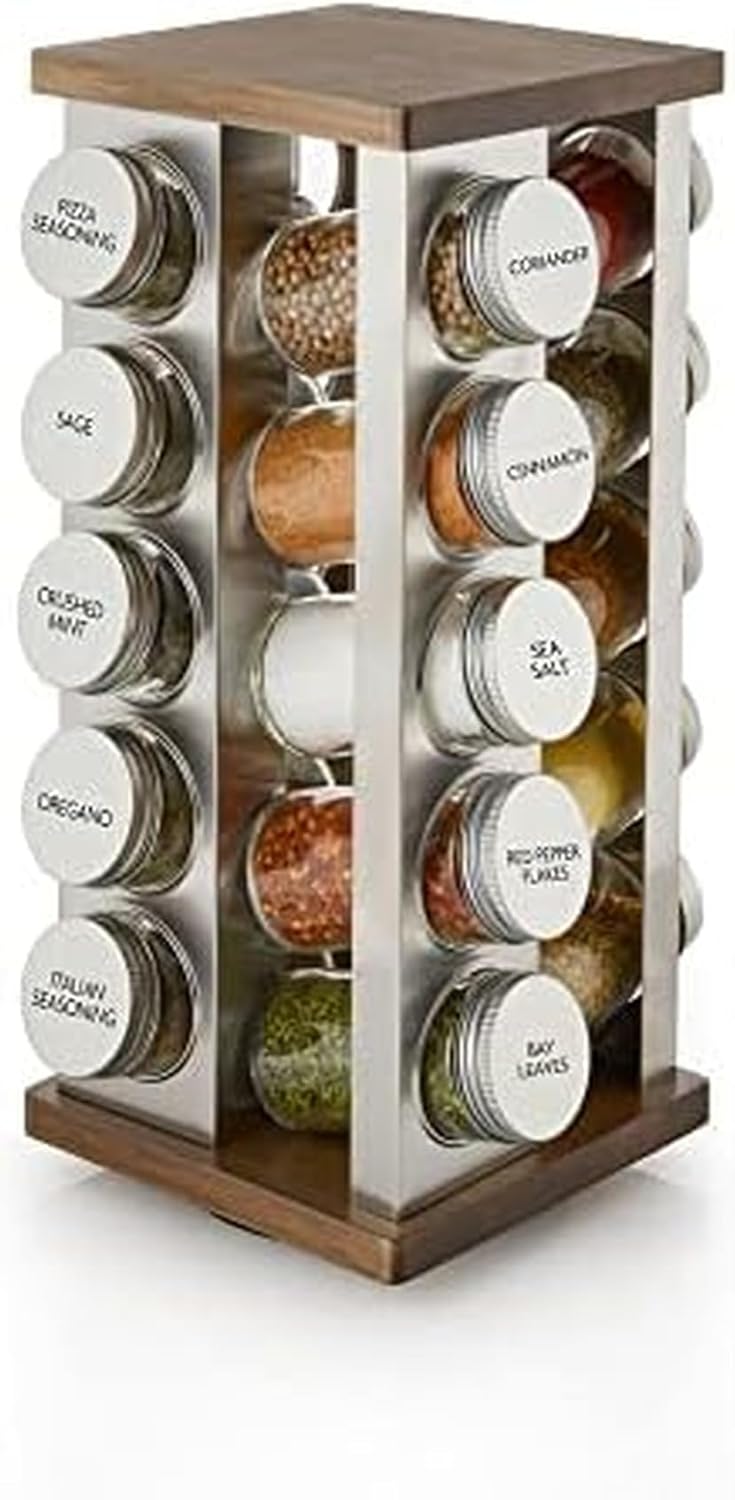 Kamenstein 20 Jar Revolving Countertop Spice Rack with Spices Included, FREE Spice Refills for 5 Years, Polished Stainless Steel with Black Caps, 30020