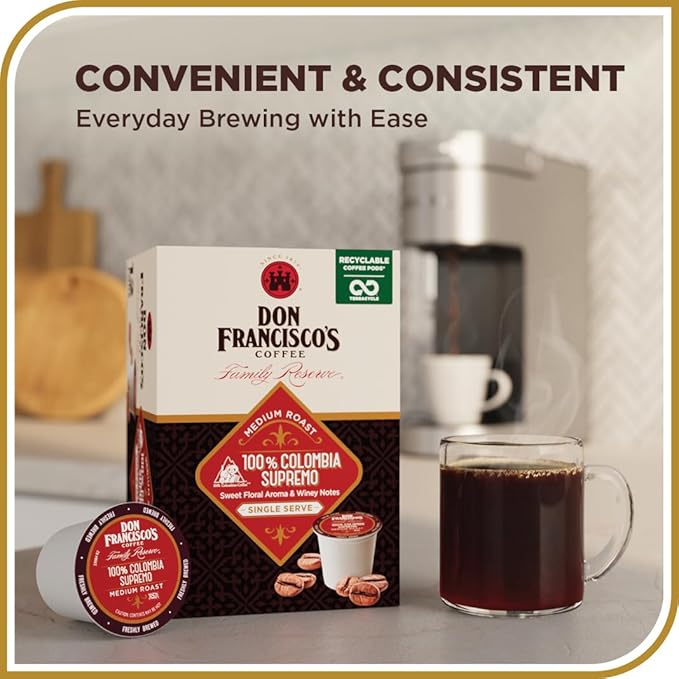 Don Francisco's 100% Colombia Supremo Coffee Pods, 55 Count, Medium Roast, Compatible with Keurig Brewers