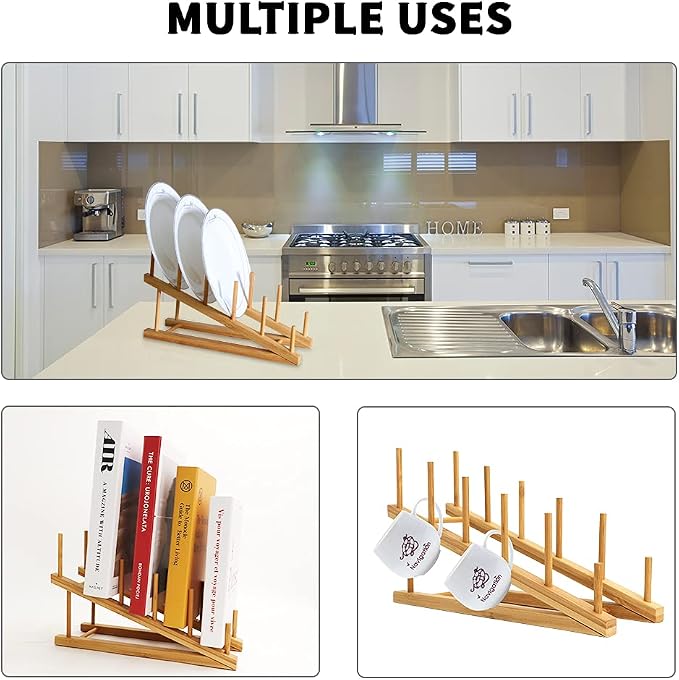8 Pack Dish Rack Bamboo Drying Rack Wooden Plate Dish Rack Cabinet Organizer Kitchen Pot Lid Stand for Dish, Plate, Cup, Bowl, Cutting Board