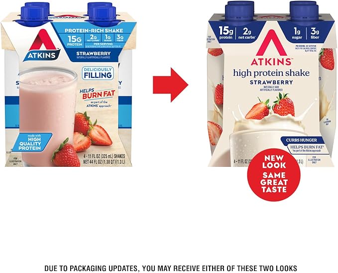Atkins Strawberry Flavored Protein Shake,High Protein,Low Glycemic,Low Sugar and-Low Carb,Keto Friendly,Gluten Free,(Pack of 24)