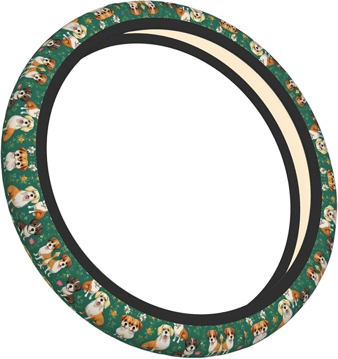 Dogs Flower Pattern Car Steering Wheel Cover, 15 Inch Steering Wheel Cover Stylish Decor for Most Cars