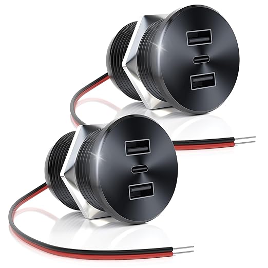 2PCS 72W RV USB Outlet All-Aluminum 12V/24V 3 Charging Ports, GIBBAB 36W PD3.0 Type-C+2 18W QC3.0 Fast Charging Socket, Recessed Mount Car Charger Cigarette Lighter Replacement for Camper Trailer Boat