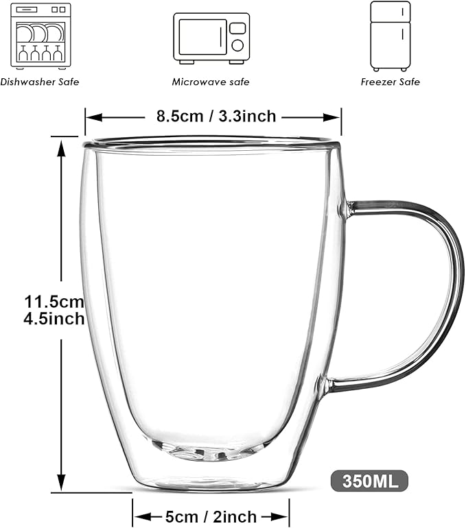 12 oz Double Walled Glass Coffee Mugs, Clear Glass Mug Set of 4, Insulated Borosilicate Glass Coffee Cups with Handle, Espresso Mugs for Cappuccino, Latte, Tea, Hot/Cold Drink