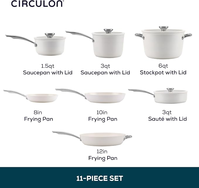 Circulon Halo with LaserDefense Ceramic Nonstick Cookware Set, 11-Piece Pots and Pans Set, Pearl White