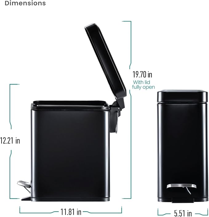 Home Zone Living 1.3 Gallon Small Bathroom Trash Can with Lid and Step Pedal, Stainless Steel Wastebasket with Slim Design for Home and Office, Matte Black, 5 Liters