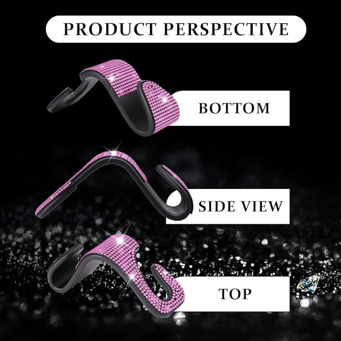 2PCS Car Seat Hooks, Purse Hook for Car, Crystal Rhinestone Vehicle Backseat Purse Holder, Auto Accessories Diamond Auto Seatback Storage Organizer Hanger for Handbag Clothes Purse (Pink)