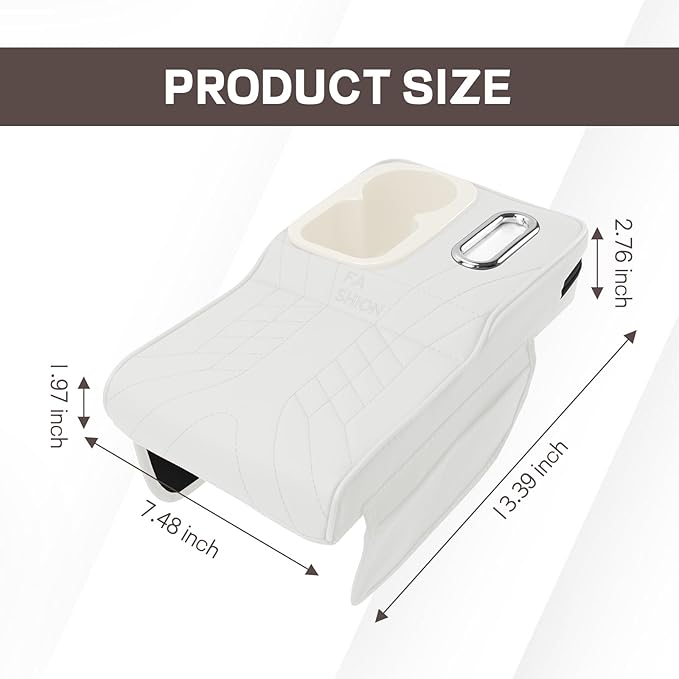 Car Center Console Armrest Pillow, 13.4"×7.5"×2" Leather Auto Arm Rest Cover with Pocket & Tissue Box & Cup Holder, Multifunctional Vehicle Armrest Cushion Pad, Car Accessories (White)