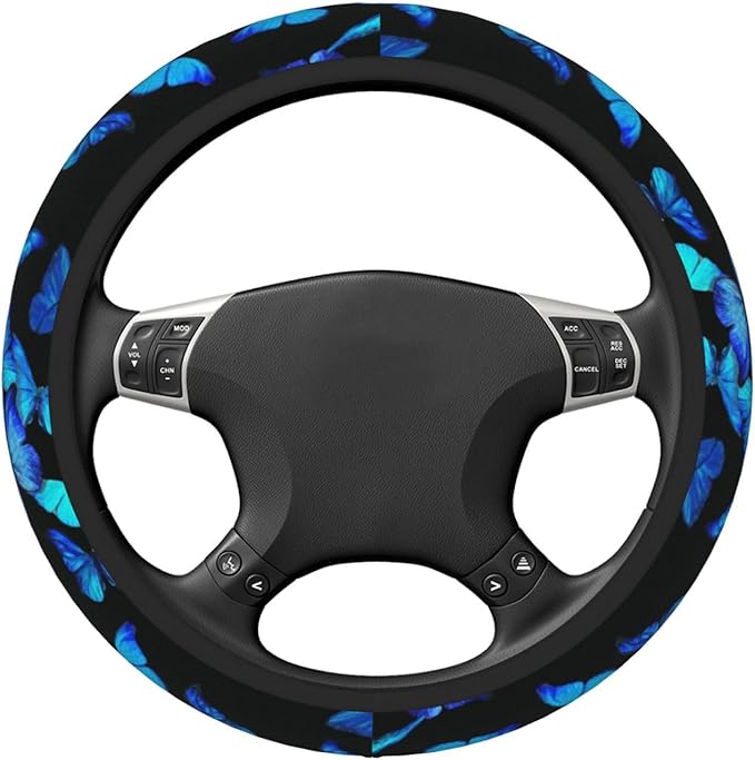Blue Butterfly Steering Wheel Cover for Women Men Girls, Car Accessories Decor Thickened Anti-Slip Auto Steering Wheel Covers Protector Universal Fit 15 Inch for Cars, Truck, SUV