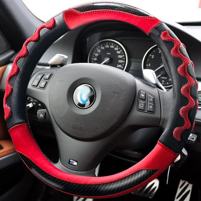 Sport Grip Car Steering Wheel Cover for Men Women, Non-Slip Breathable Carbon Fiber PU Leather Steering Wheel Protector 14.5~15 inch, Rubber Inner