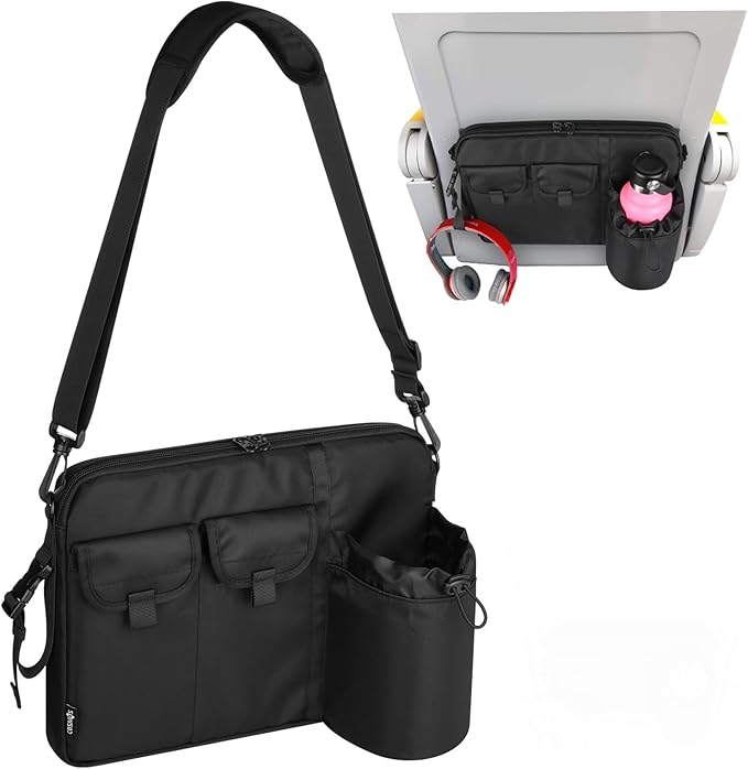Cosmos Airplane Seatback Organizer Flight Seat Back Storage Bag Hanging Pocket with Adjustable Shoulder Strap, Commuter Shoulder Bag Travel Essentials Media Pouch for Personal Items