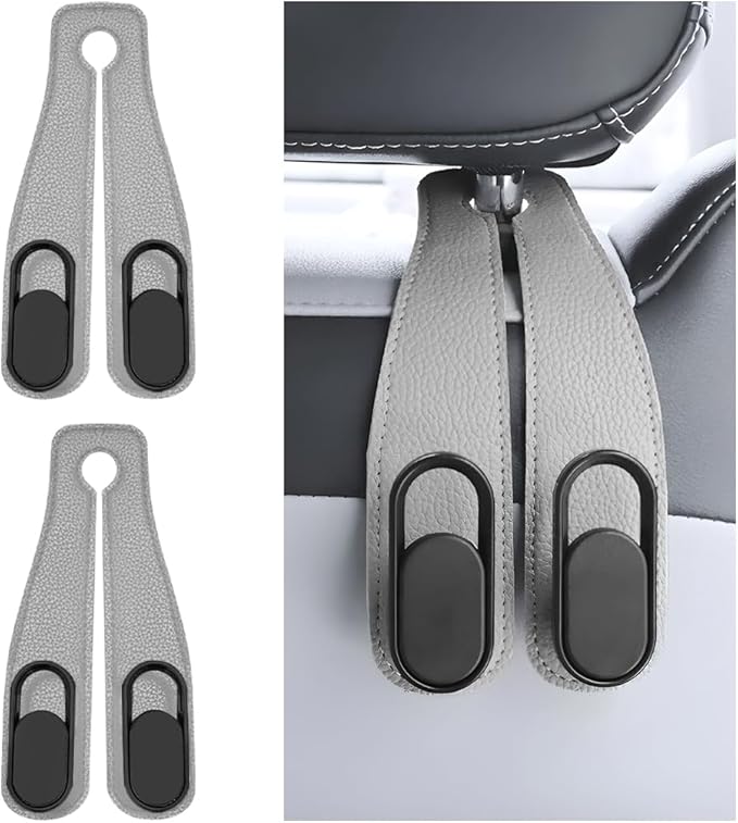 Car Seat Headrest Double Hook, 2PCS Multifunctional Soft Leather Vehicle Purses & Bags Holder, Hidden Design Automotive Interior Storage Hanger, Universal for SUV, Truck, RV (Grey)