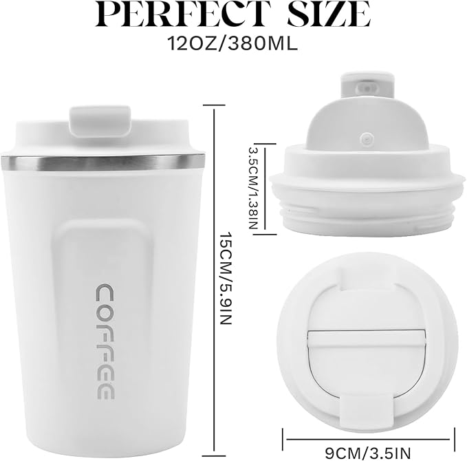 YINBAOGE Insulated Travel Coffee Mug, Spill & Leak Proof, Portable To Go Camping Stainless Steel Coffee Tumbler, Reusable Thermal Coffee Cup with Lid for Hot & Cold Drinks (2nd-White, 12 OZ)
